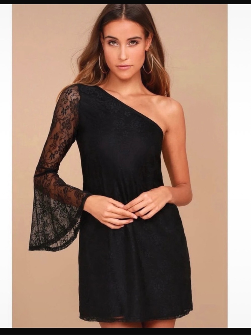 Lulus Black Floral Lace One Shoulder Bell Sleeve Mini Dress XS NWT